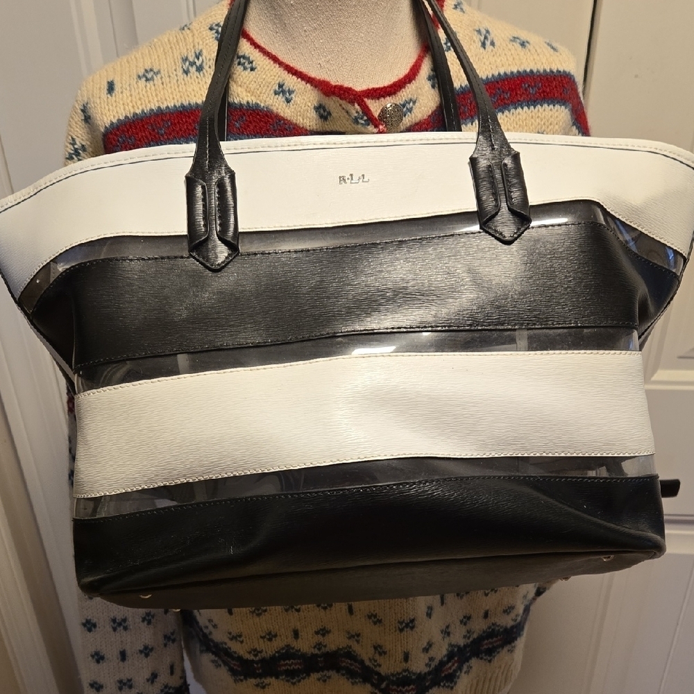 Lauren Ralph Lauren Leather Tote Bag Large Black White Clear Stripes Zip Top
